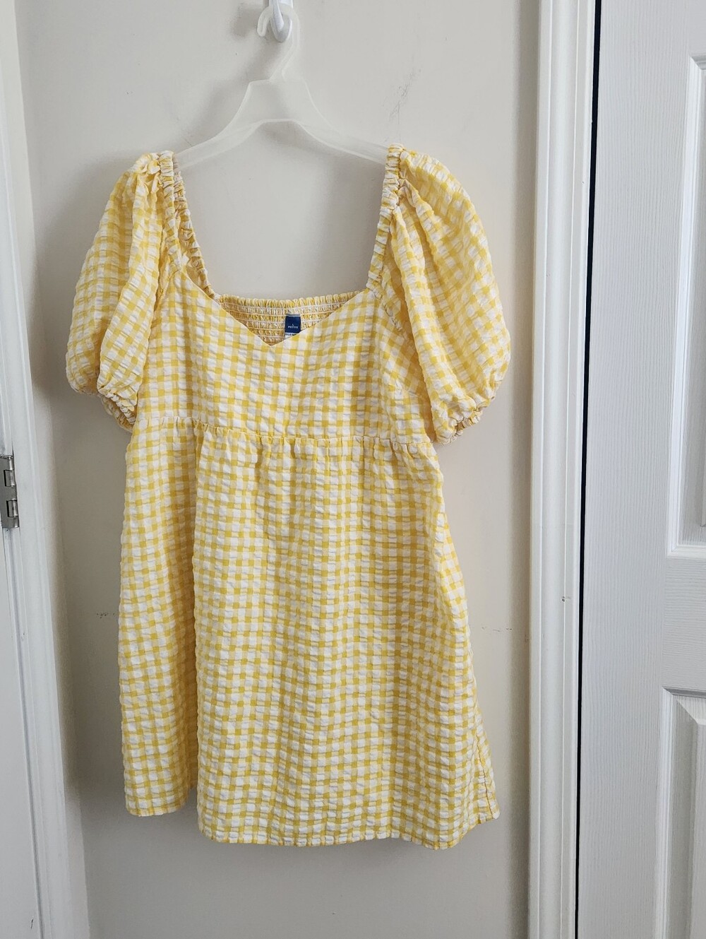 Old Navy Gingham Yellow White Puff Sleeve Dress Large Petite